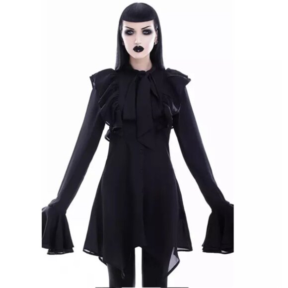 Killstar We Are The Weirdos Long Sleeve Ruffled Runa Tunic Blouse Button Up Top - Picture 2 of 9